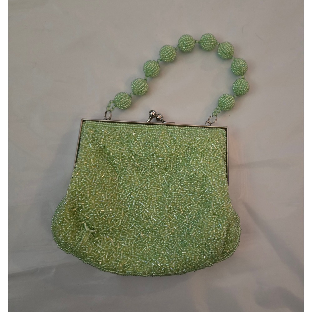 Vintage Style Mint Green Beaded Evening Bag Kiss Lock Satin Lined Mini Handbag